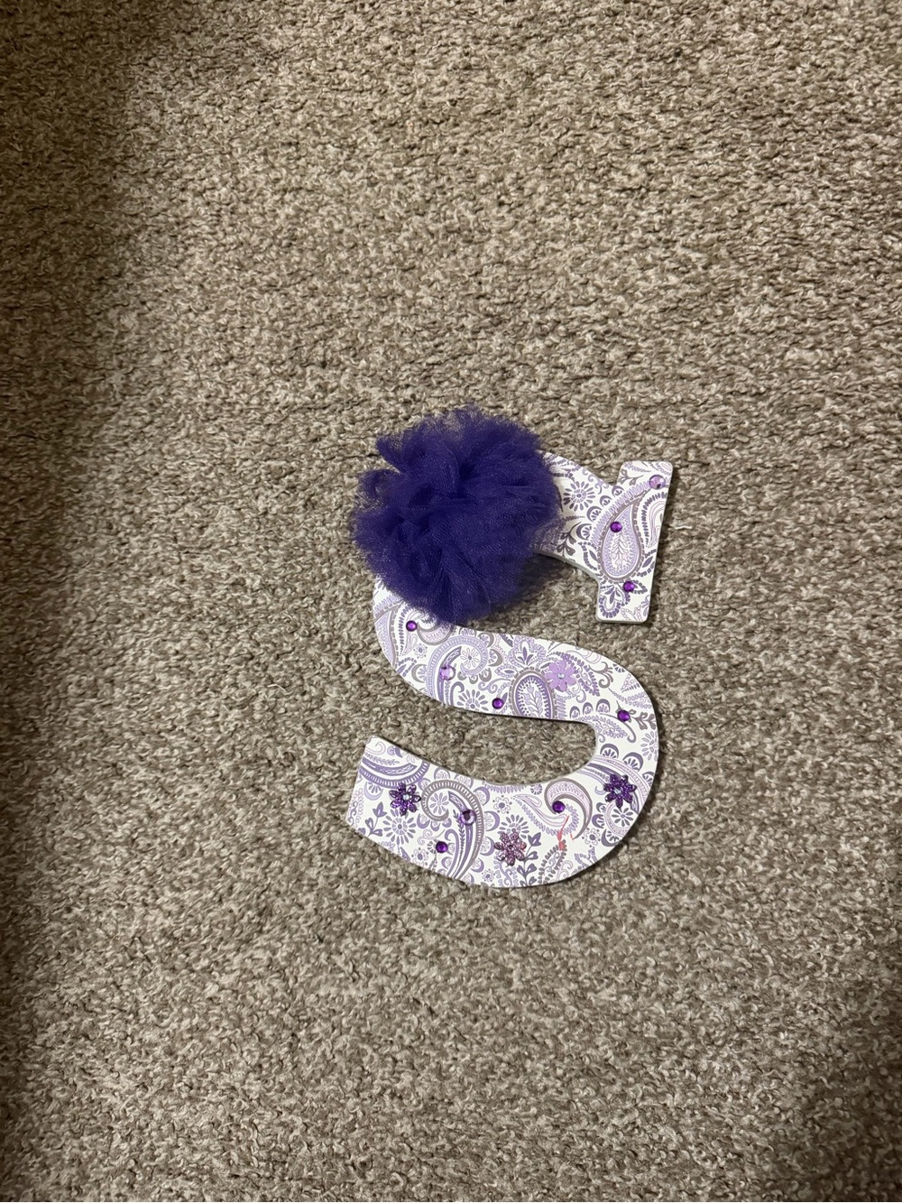Decorative Letter 'S' with Purple Tulle Pom